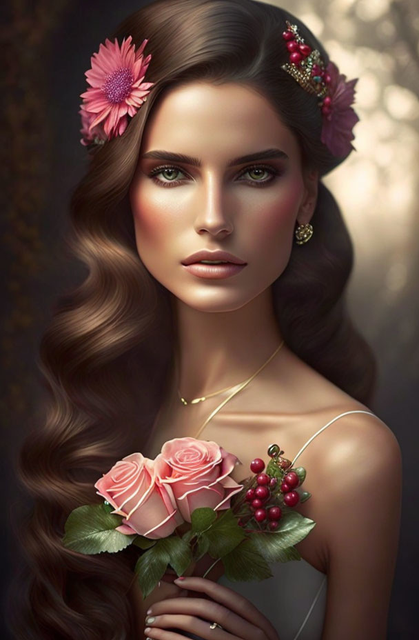 Woman with Wavy Hair and Pink Flowers Holding Rose Bouquet