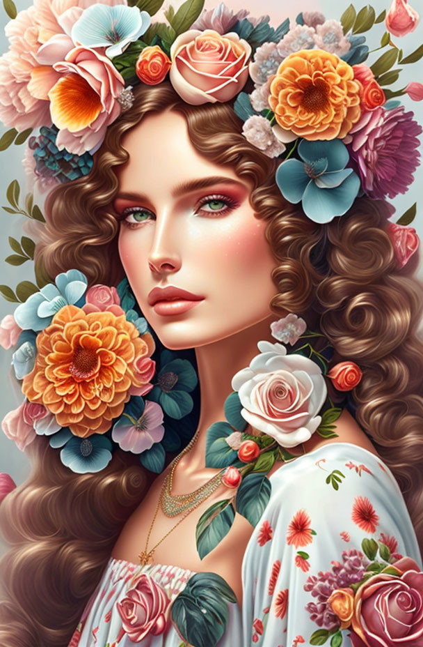 Portrait of Woman with Lush Brown Hair and Floral Adornments