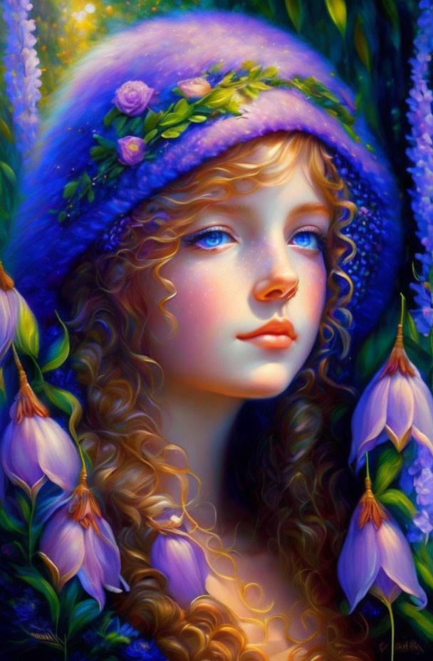 Portrait of a girl with curly hair and floral hat in a purple flower setting