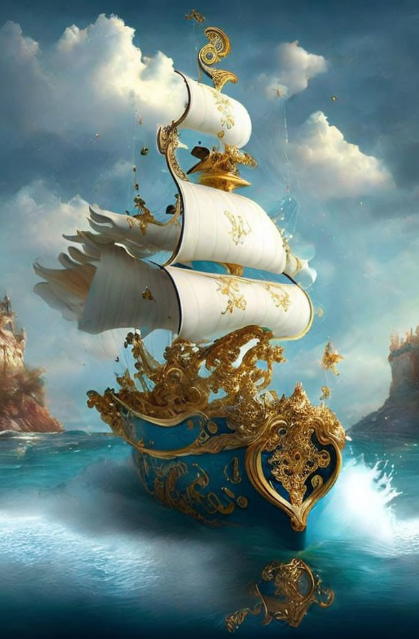 Elegant white sail ship on serene blue waters with mystical islands