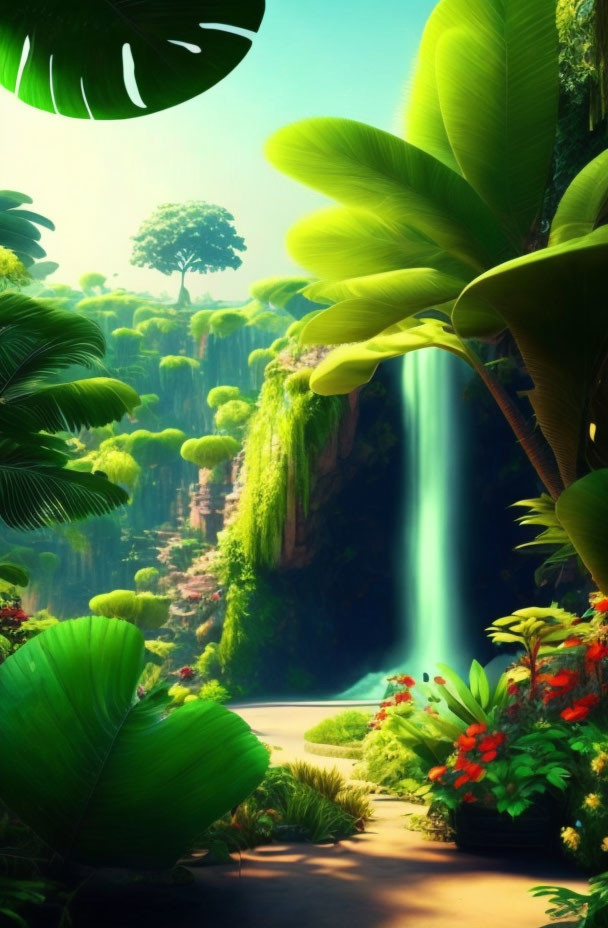 Lush jungle scene with waterfall, red flowers, and clear sky