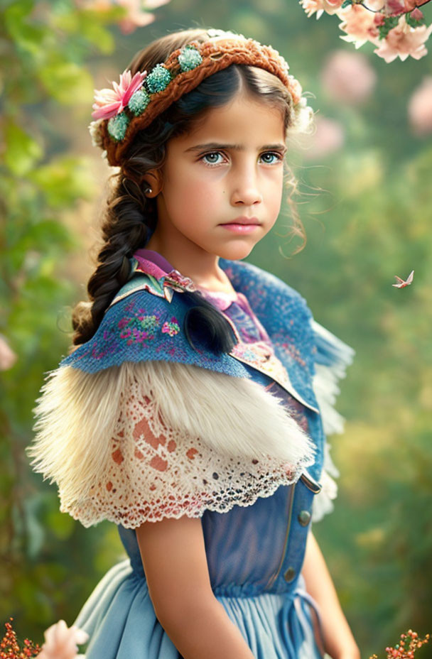 Young girl in floral headband and fur-trimmed cape gazes in soft-focus floral setting