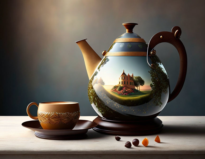 Teapot, Cup, and Saucer Set with Landscape Painting on Moody Background