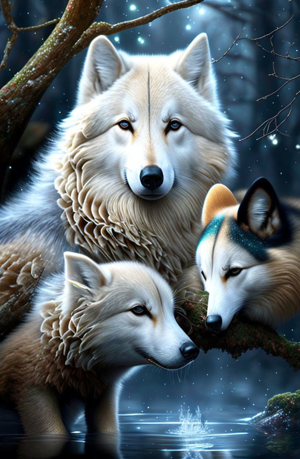 Three calm wolves in moonlit forest scene