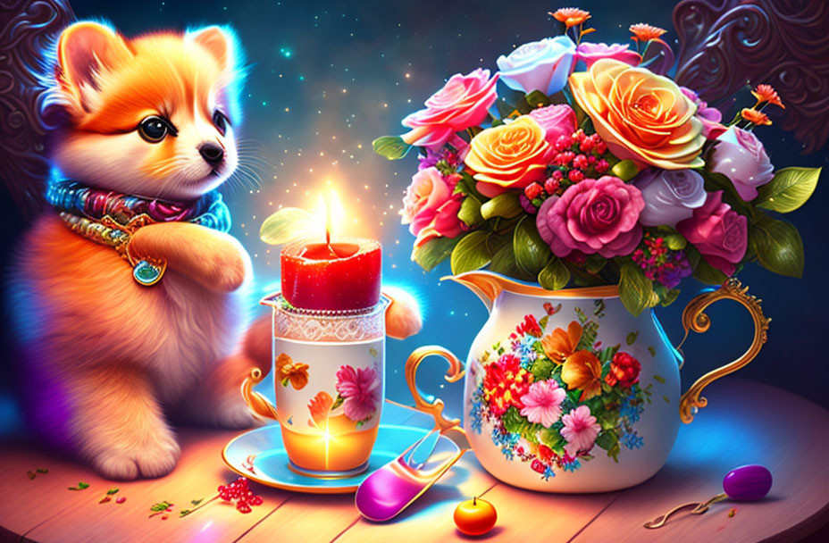 Fluffy puppy, lit candle, colorful bouquet, berries, and sweets on wooden surface