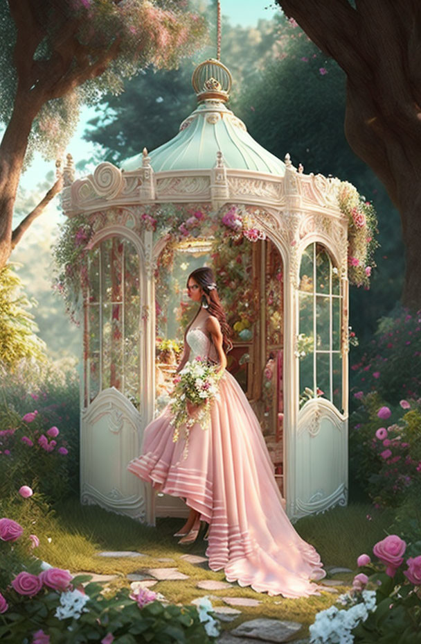 Woman in Pink Dress Holding Bouquet in Ornate Gazebo Amidst Lush Garden