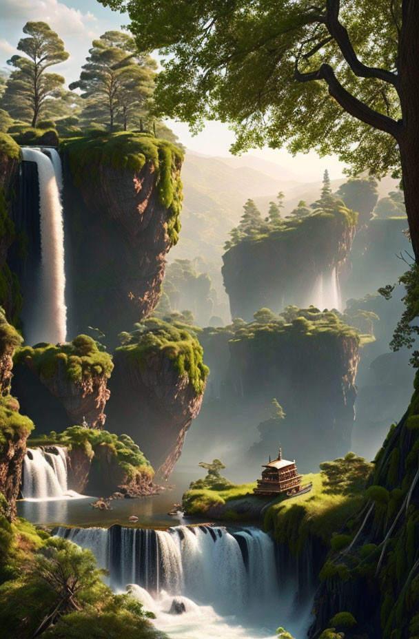 Tranquil waterfall in lush cliffs with traditional pagoda under warm light