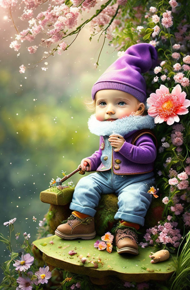 Baby in Purple Hat with Blue Jacket Surrounded by Flowers and Magical Forest