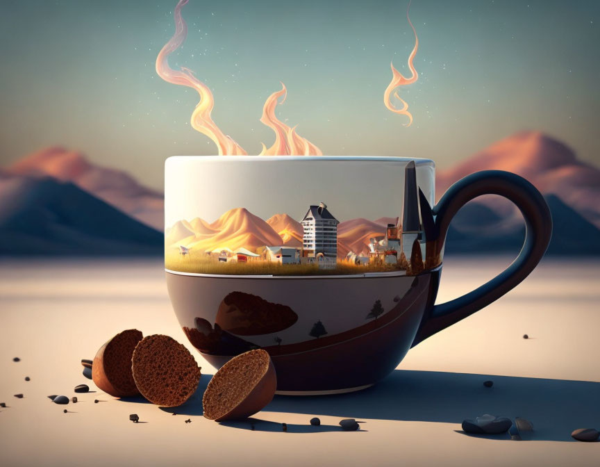 Steaming cup with cityscape design, mountains, broken cookies, and coffee beans.