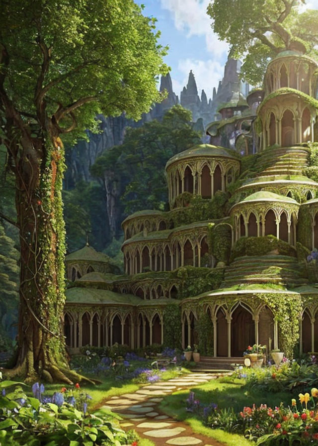 Fantasy landscape with tiered architecture in lush greenery