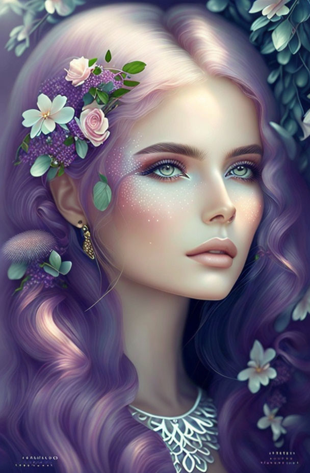 Vibrant digital portrait of a woman with purple hair and blue eyes