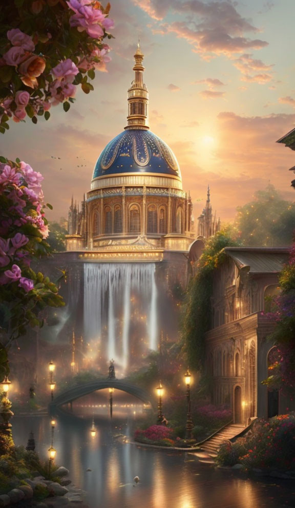 Fantastical sunrise scene with ornate domed structure, waterfalls, bridge, river, and