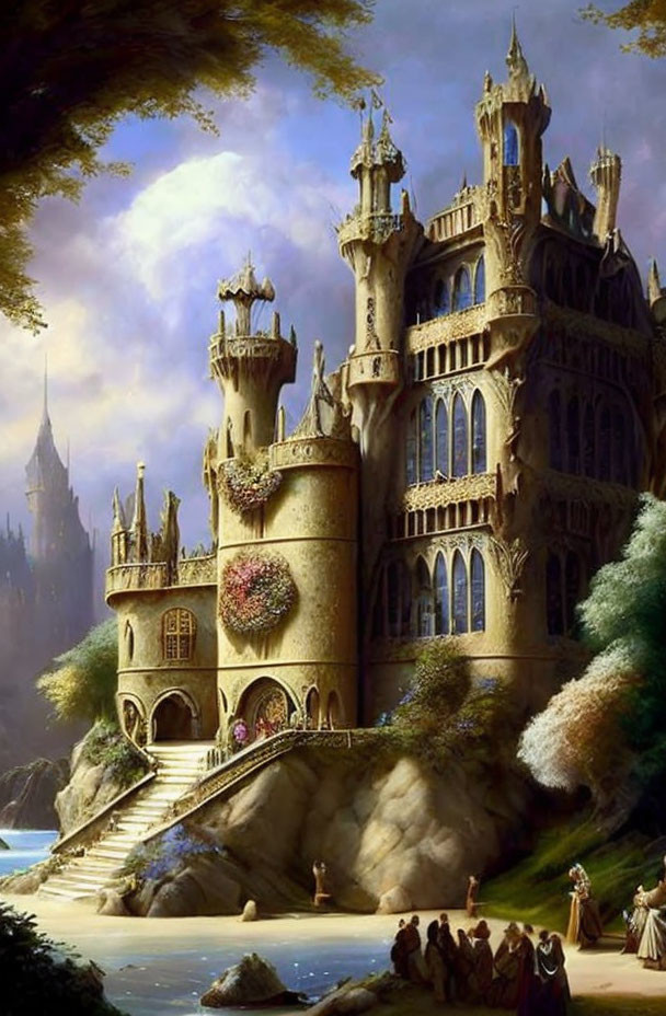 Fantasy castle with turrets by a river and lush greenery