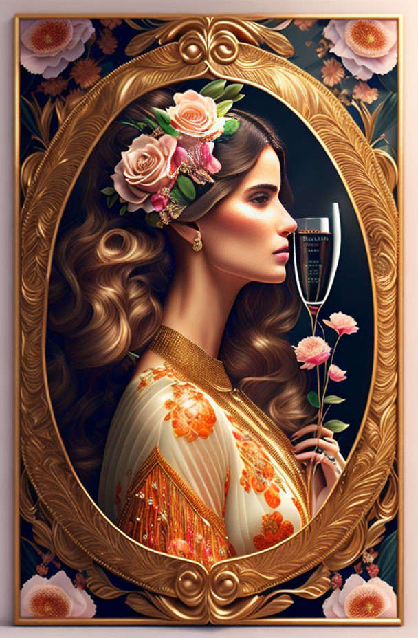 Woman with flowing hair and flowers holding a wineglass in floral oval border