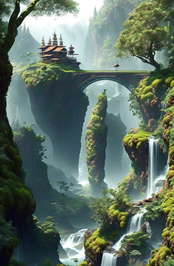 Ethereal landscape: traditional bridge over lush gorge, waterfalls, greenery