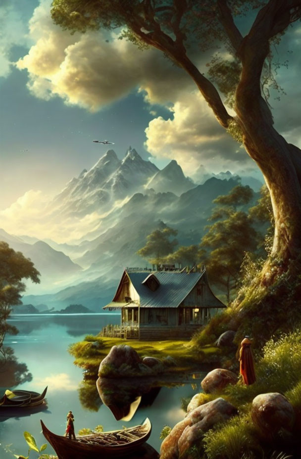 Tranquil fantasy scene: wooden cabin, lake, boats, mountains, cloaked figure