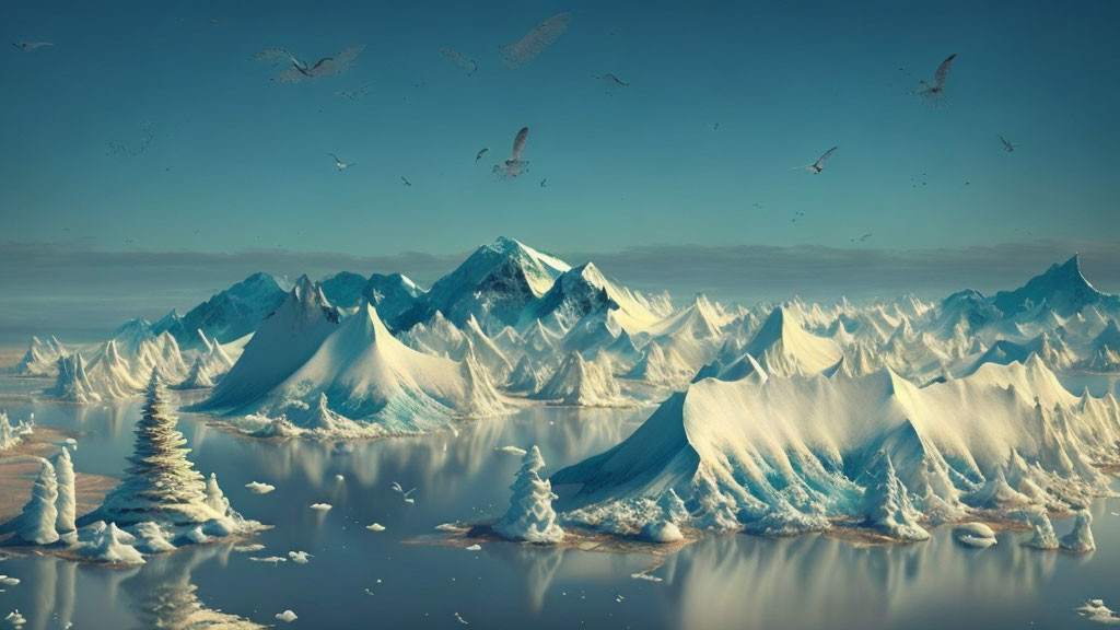 Snow-covered mountain peaks under blue sky with flying birds above tranquil water.