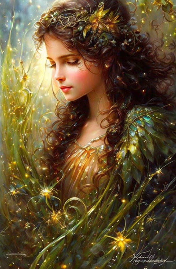 Ethereal woman with wavy hair in green garment and floral adornments