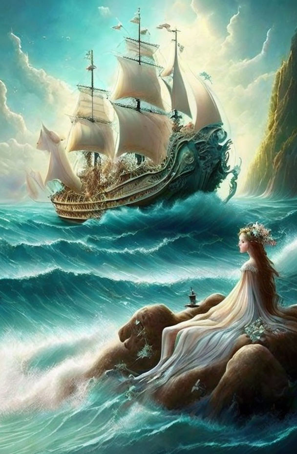 Surreal painting: Woman merging with sea, lions waves, sailboat designs