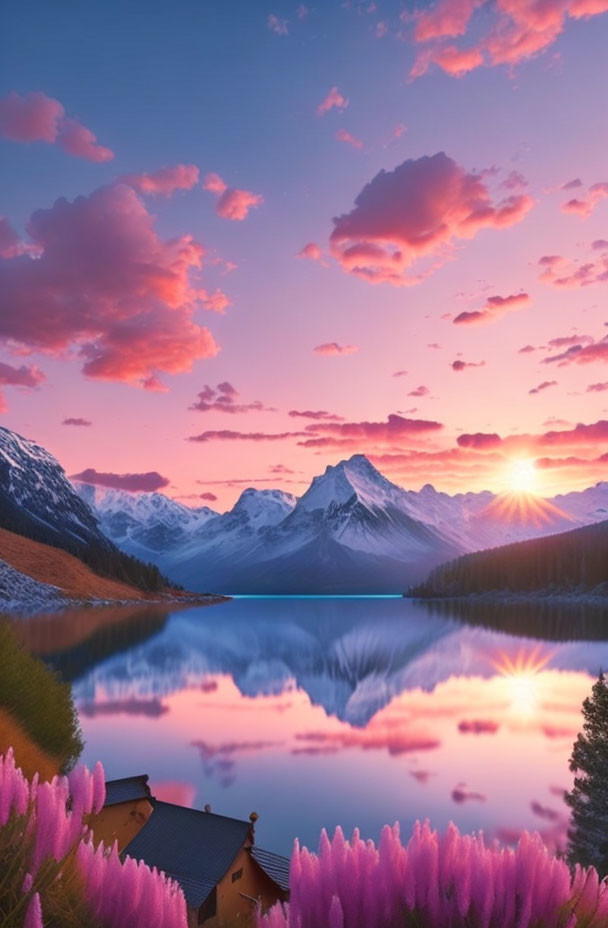 Tranquil sunset scene with pink clouds, snowy mountains, lake reflection, and colorful flora.