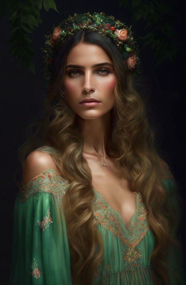 Woman with flowing hair in floral crown and green dress against dark background