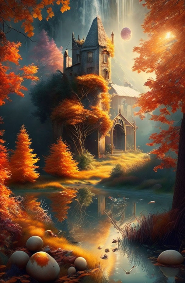 Mystical autumn tower amid vibrant foliage and glowing mushrooms