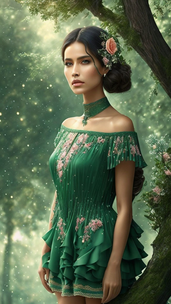 Woman in floral headpiece and green dress in magical forest with sparkles