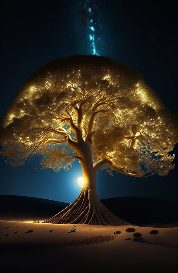 Luminous golden tree under starry night sky in serene desert