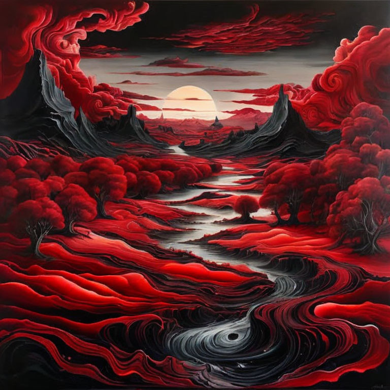 Surreal landscape with red and black swirling patterns and crimson foliage