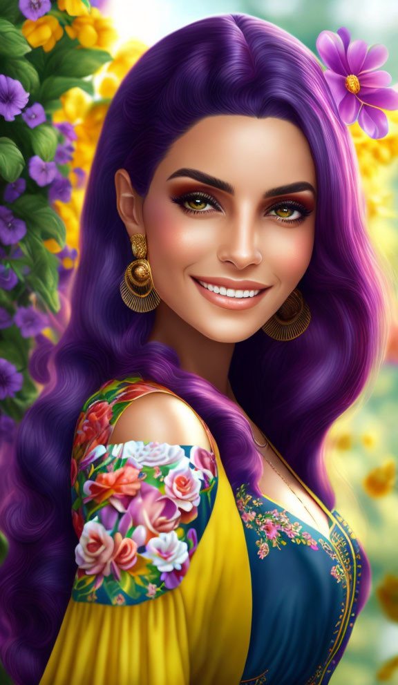 Smiling animated woman with purple hair in floral dress against vibrant yellow flower background