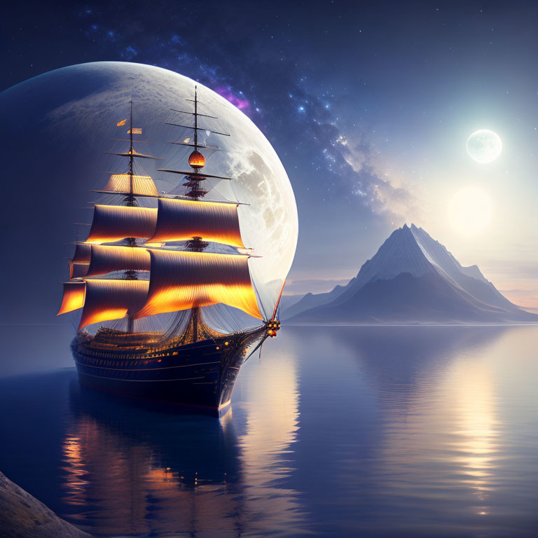 Sailing ship with illuminated sails on calm waters at night