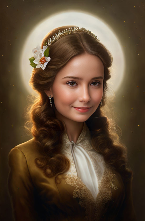 Portrait of woman with long curly hair, tiara, vintage dress, and flower, glowing on dark