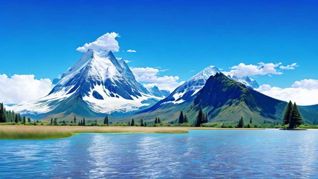 Snow-capped mountains above serene lake with lush greenery