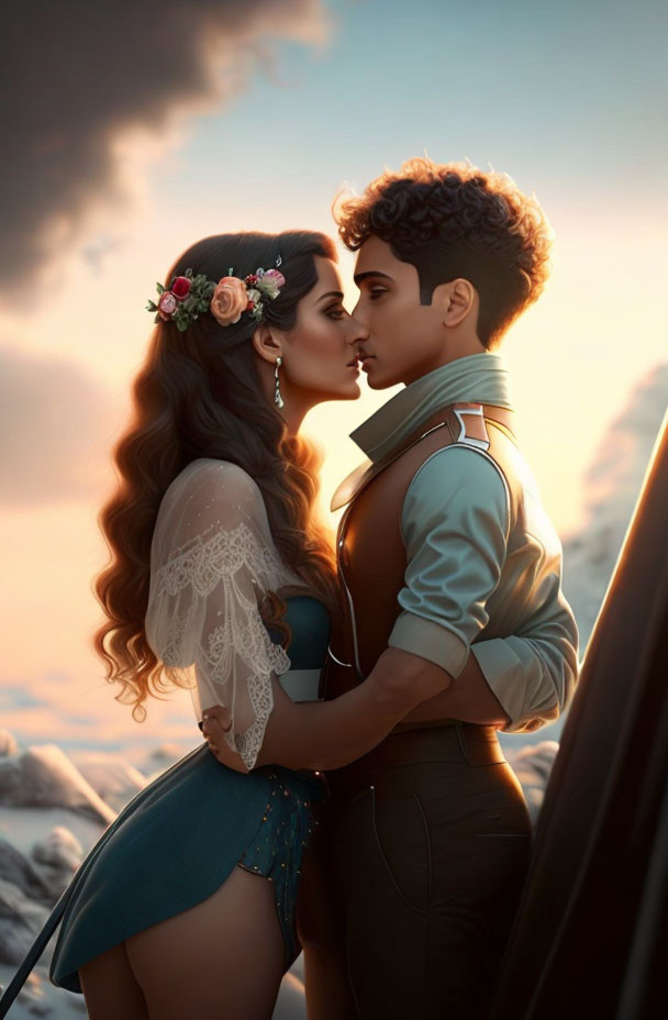 Illustrated couple in romantic embrace at sunset.