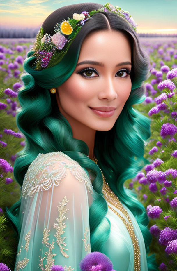 Teal-haired woman in floral crown against lavender field backdrop wearing sheer dress