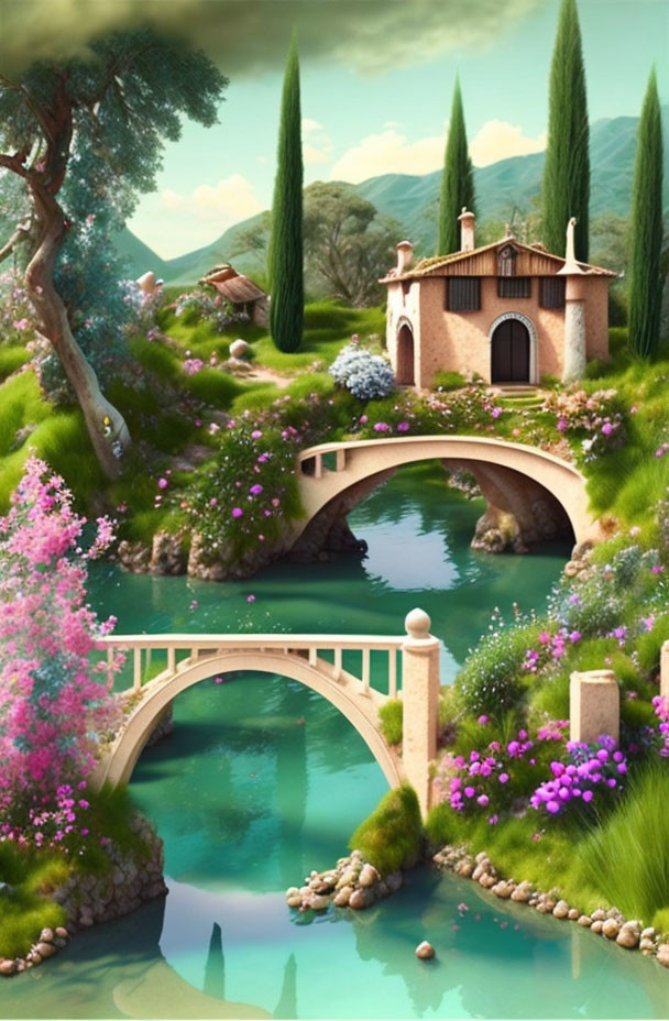 Fantasy landscape with cottage, stone bridges, river, greenery & flowers