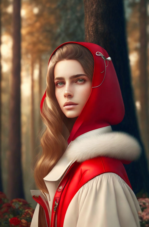 Woman in Red Hooded Cloak in Forest Setting with Soft Lighting