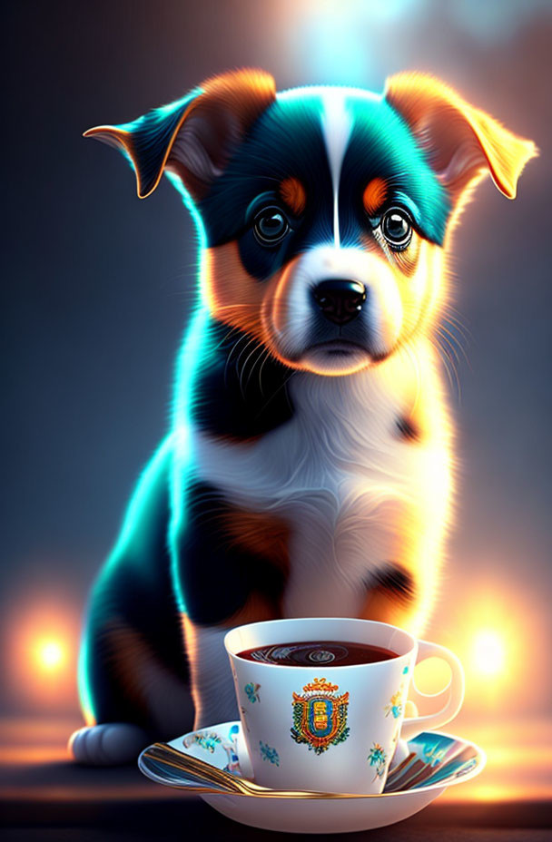 Adorable puppy with blue eyes and tea cup in warm light