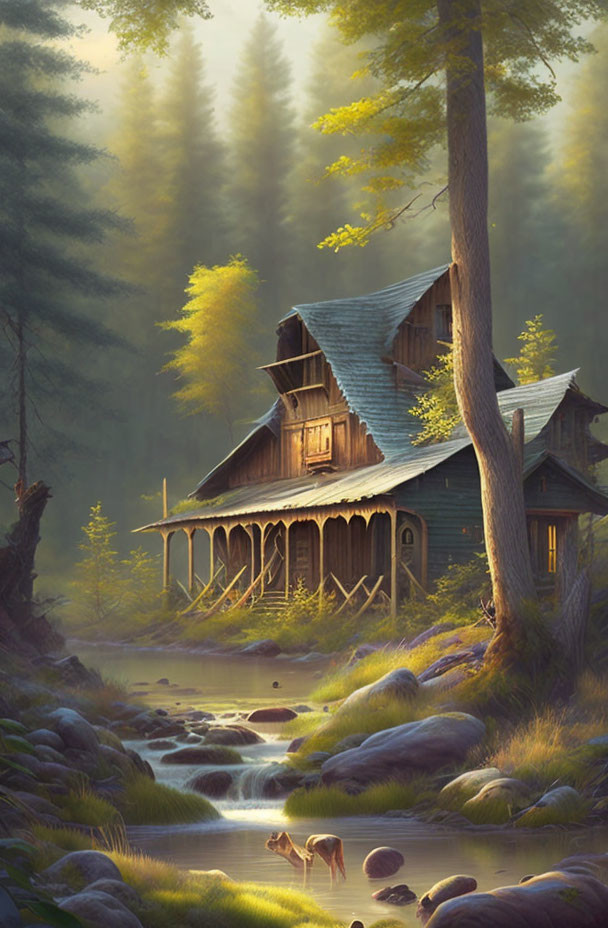 Tranquil woodland cabin scene with stream, sunlight, and fox