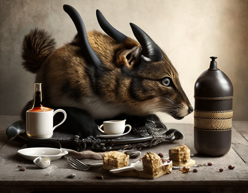 Surreal creature with cat features, lynx ears, and horns enjoying coffee and cake slices