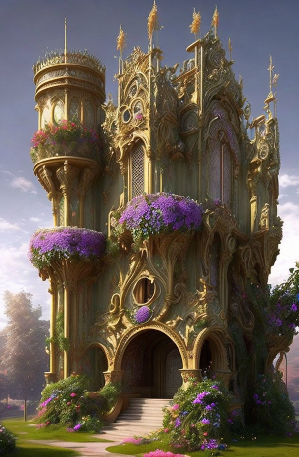 Golden fantasy tower with intricate designs and purple flowers in serene landscape