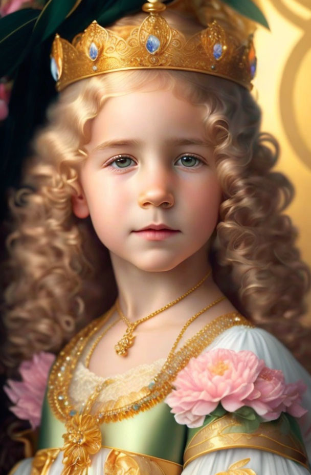 Young Child with Curly Blonde Hair in Golden Crown and Regal Outfit