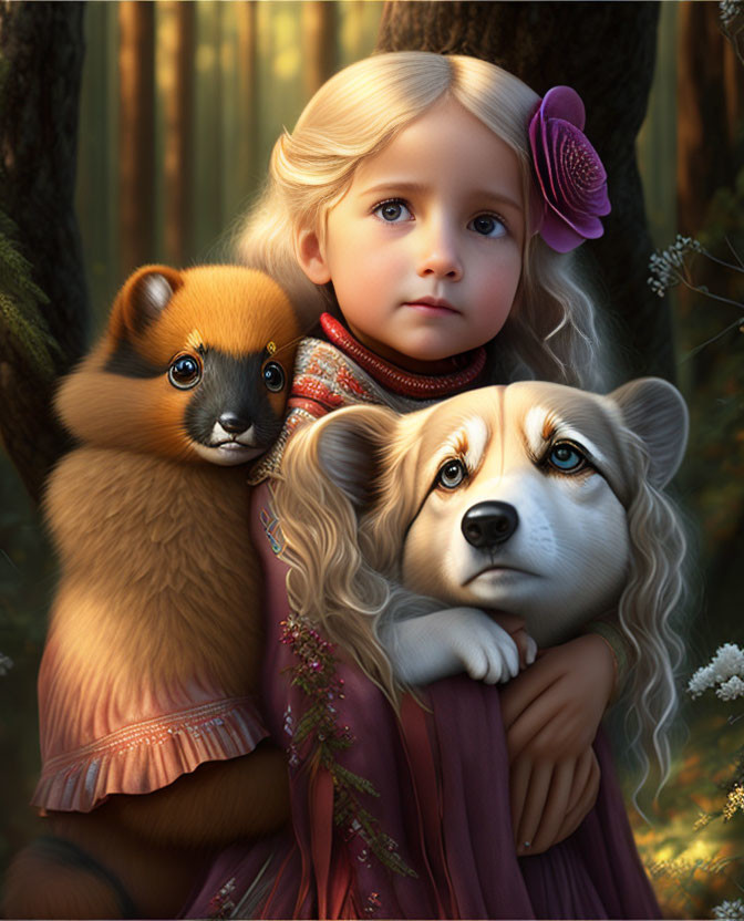 Blonde girl with flower in hair holding brown animal next to corgi-like dog