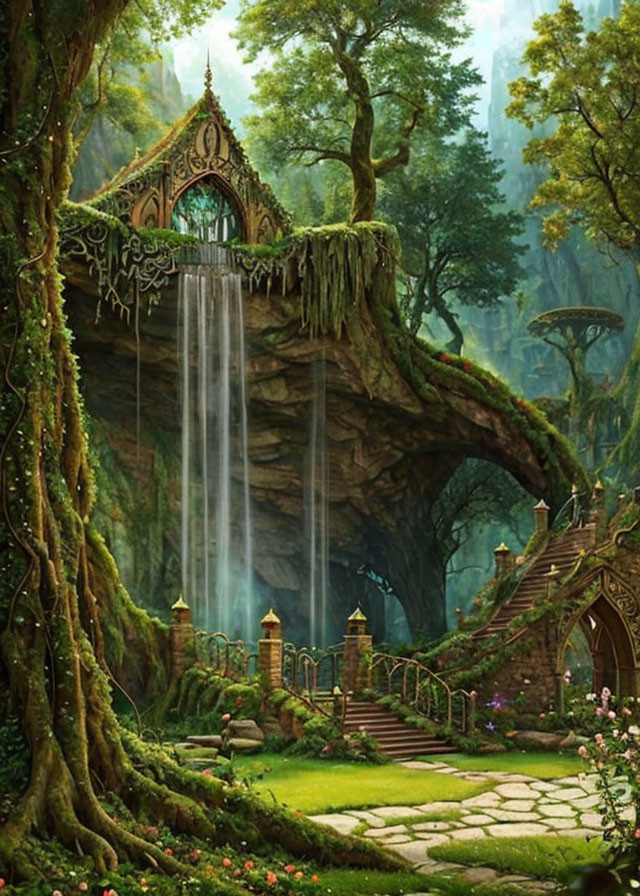 Enchanting forest scene with waterfall, moss-covered pathways, and mystical architecture.