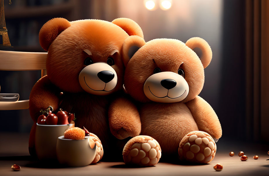 Cozy plush toy bears with teapot, fruits, and lantern