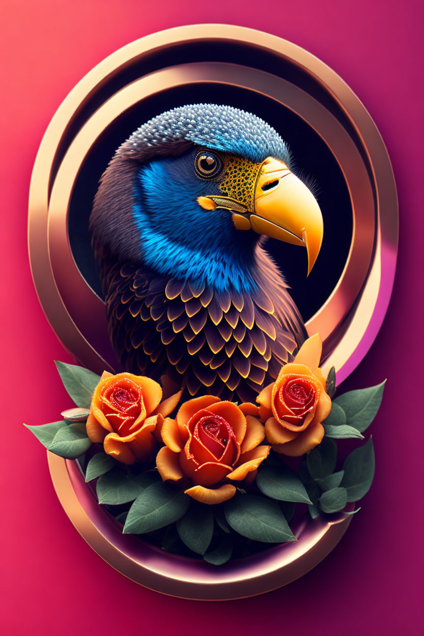 Colorful digital artwork: Blue bird with golden beak among flowers on pink background