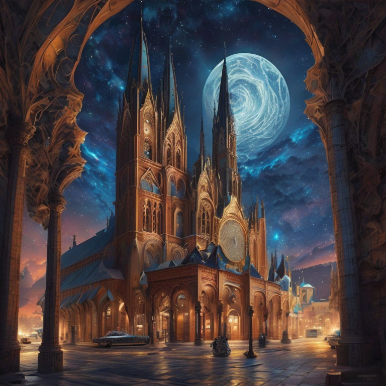 Gothic cathedral at night with swirling moon and mountains