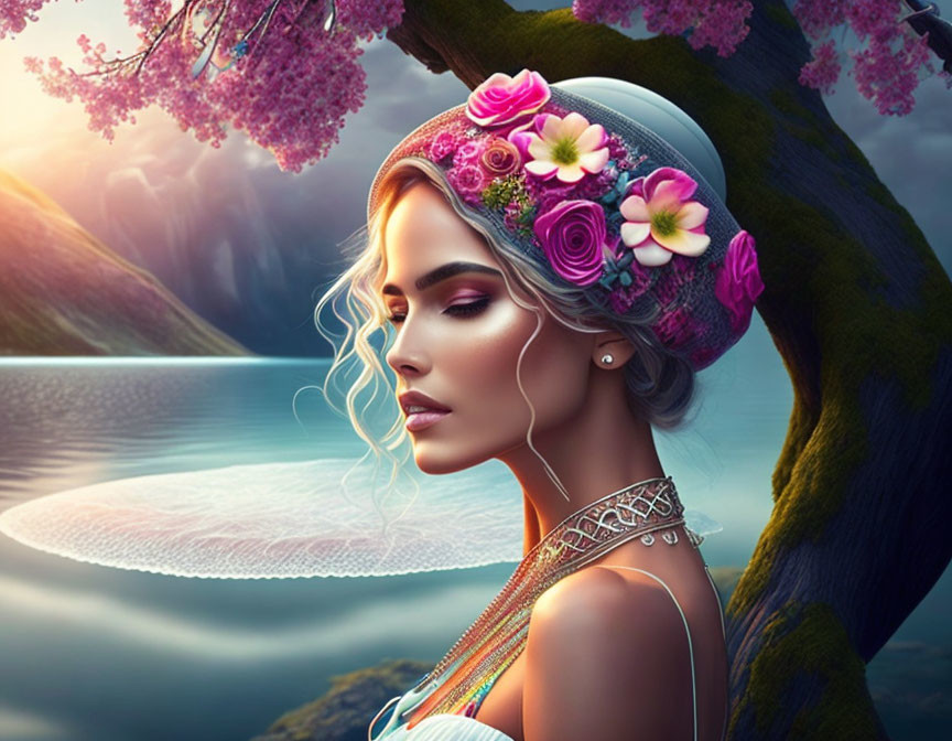 Digital artwork: Woman with floral headpiece by serene lake & blossoming tree