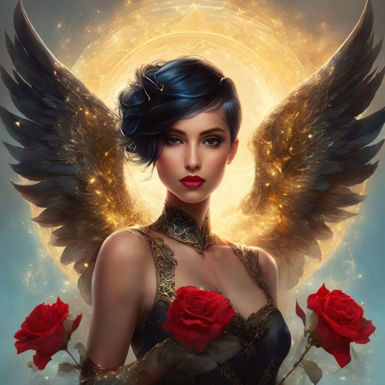 Dark-haired woman with angel wings in ethereal glow holding red roses in golden attire