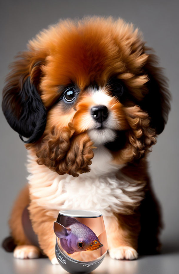 Tricolored puppy with large eyes next to orange fish in glass bowl